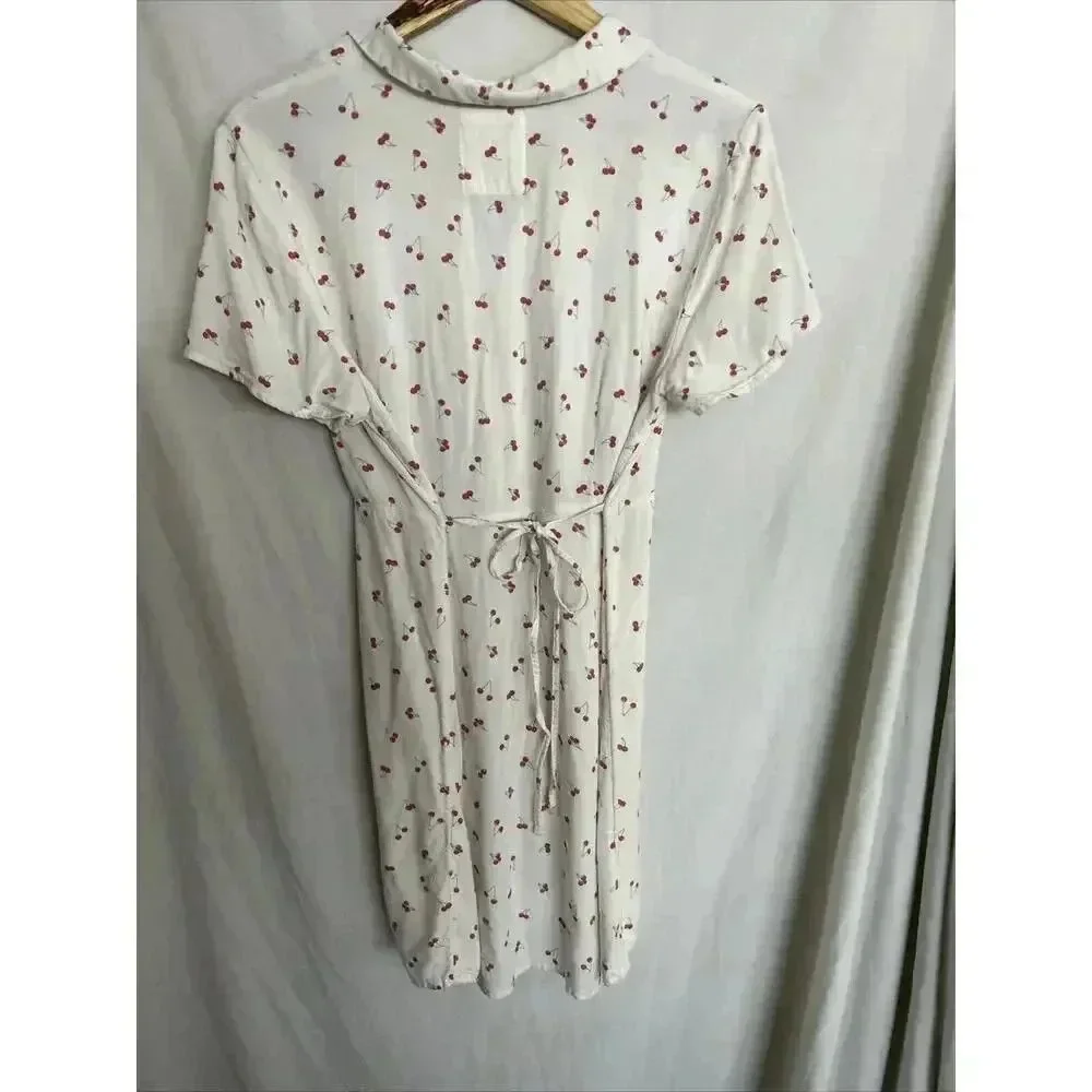 Cherry Print Retro Rockabilly Mini Dress Button Down Tie Back SO Size Large